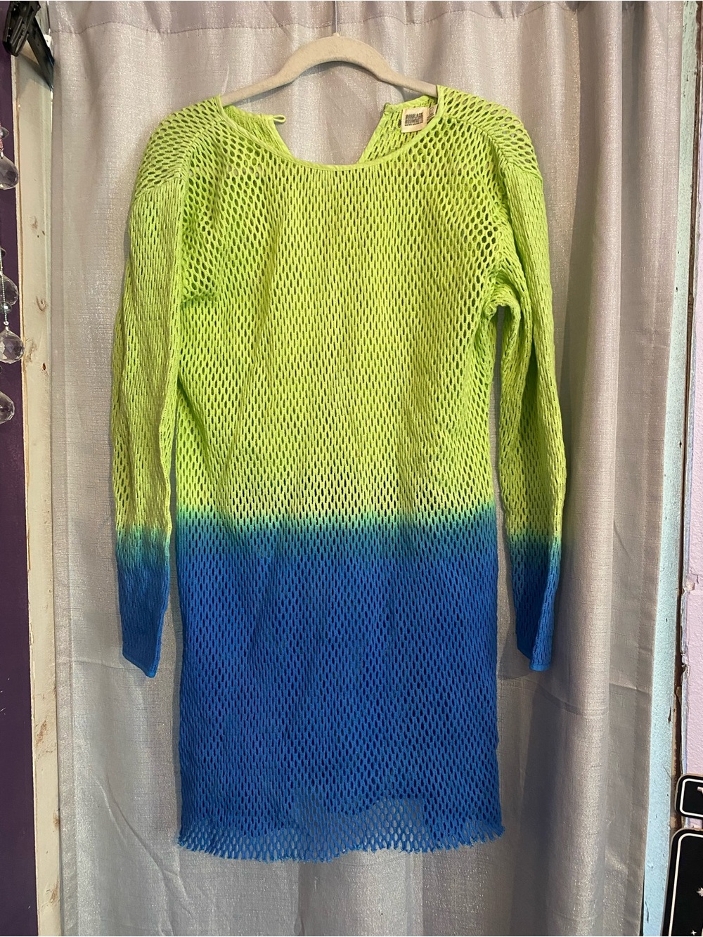 Norblack
Norwhite Lime to Blue Ombre crochet boat neck knitted mini dress Y2K